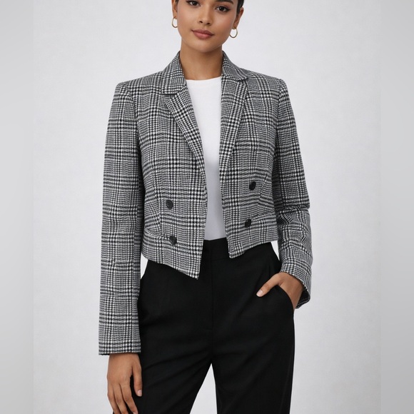 Miss Selfridge Sweaters - Miss Selfridge Women's Cropped Houndstooth Blazer BlackWhite Double Breasted Sz4